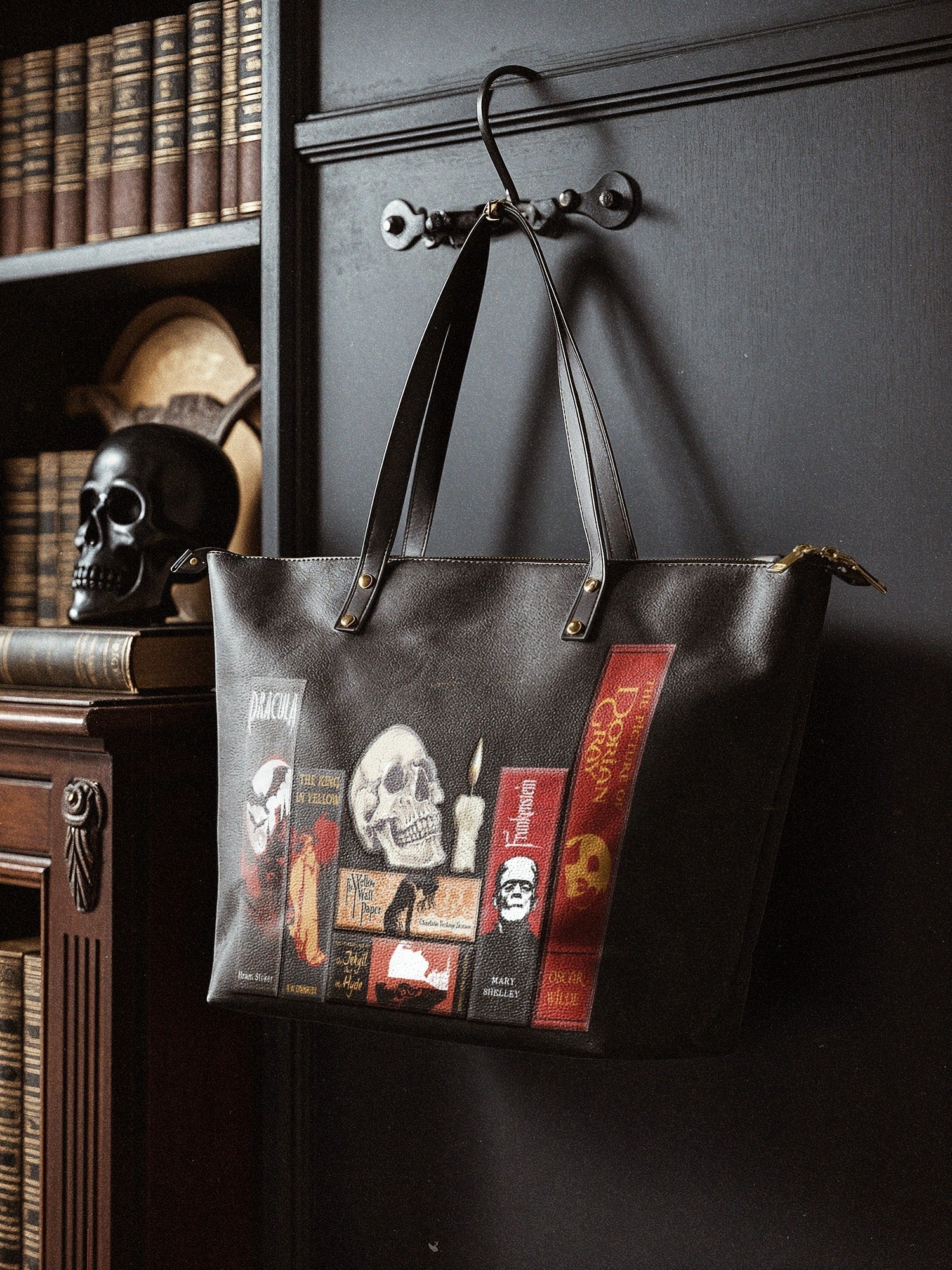 "The Codex of Gothic Tales" Deadlight Black Leather Tote Bag