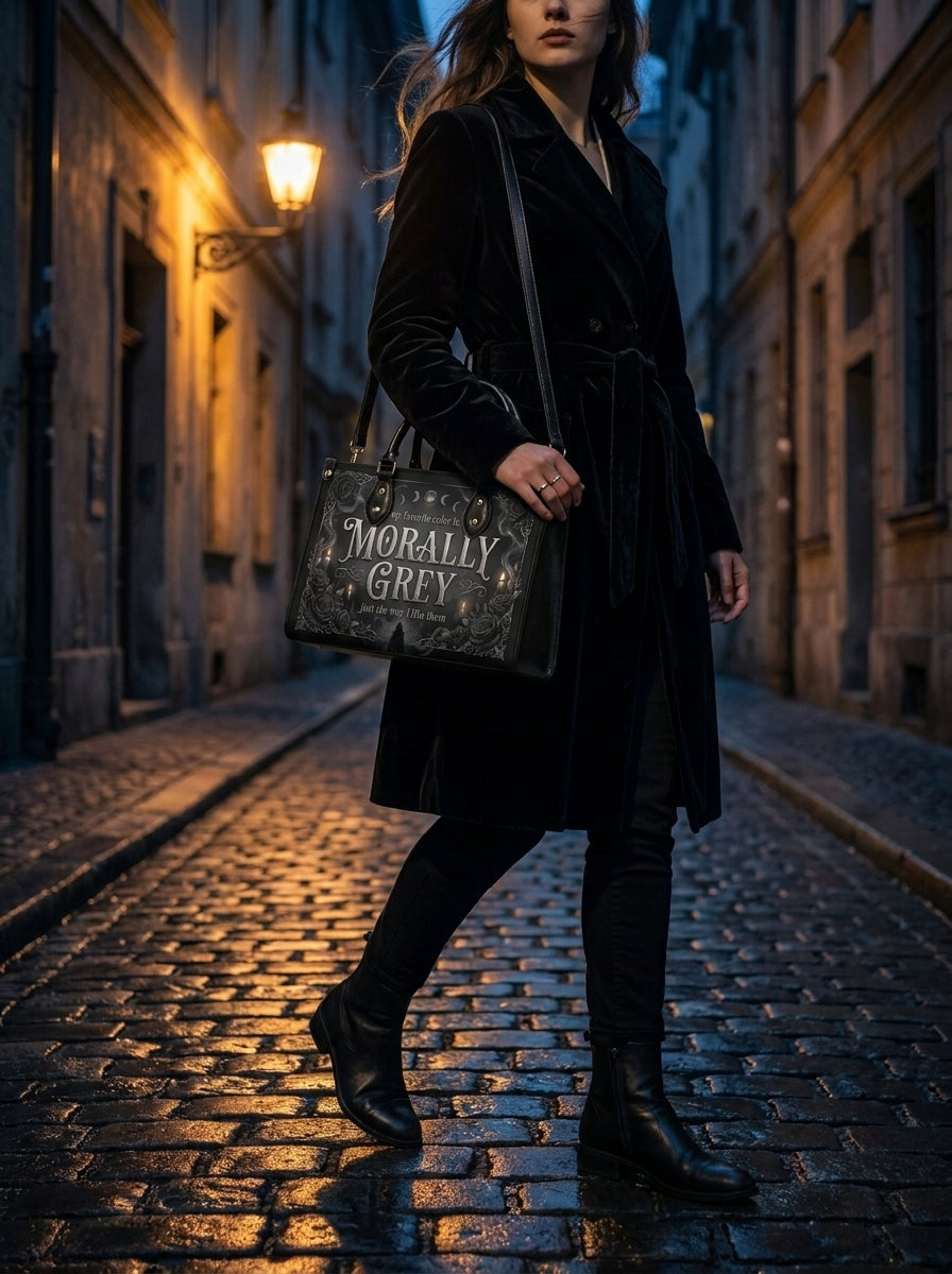 "Loyal To The Wrong Crown" Morally Grey Leather Handbag - 05-inuse-cobblestone