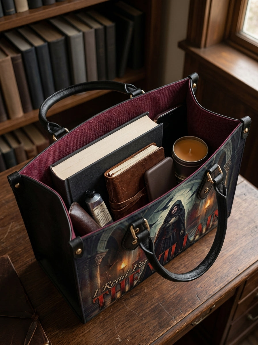I Read For The Villain Leather Handbag - inside the bag styled