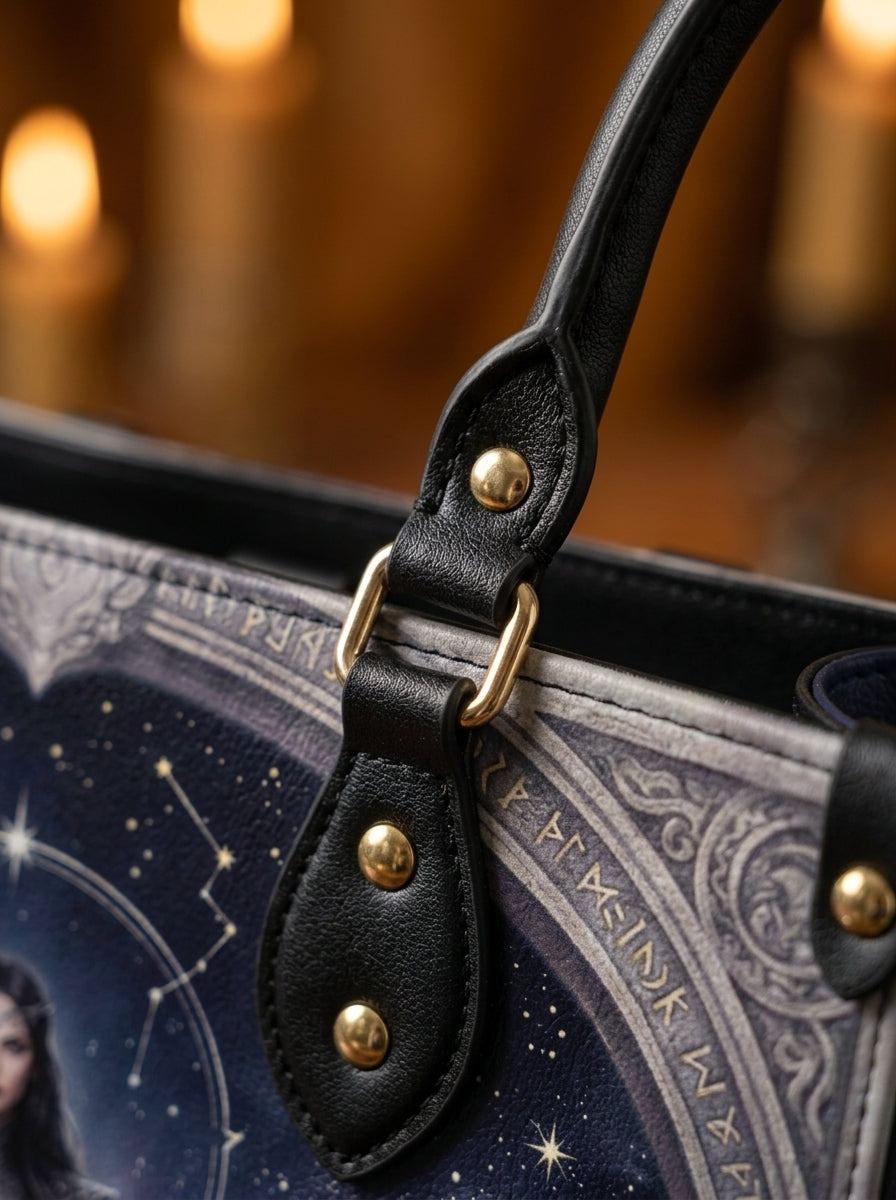 "Crowned in Constellations" Star Queen Leather Handbag - 07-detail-handle