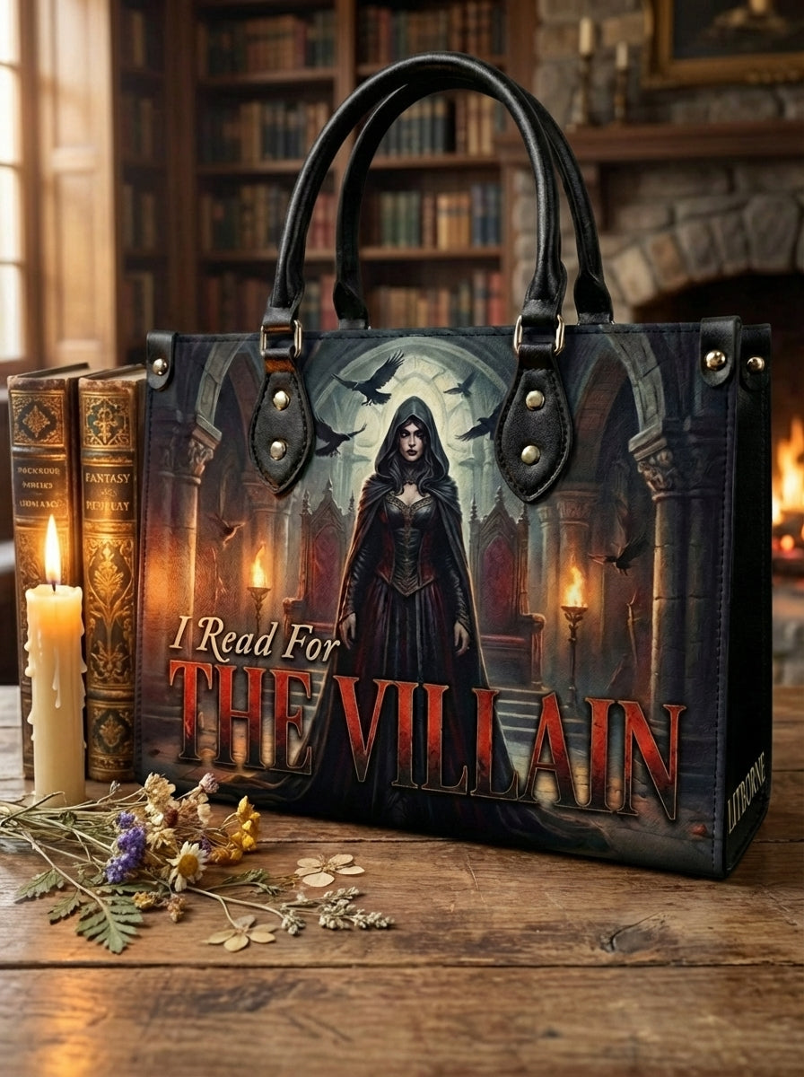 I Read For The Villain Leather Handbag - styled mockup
