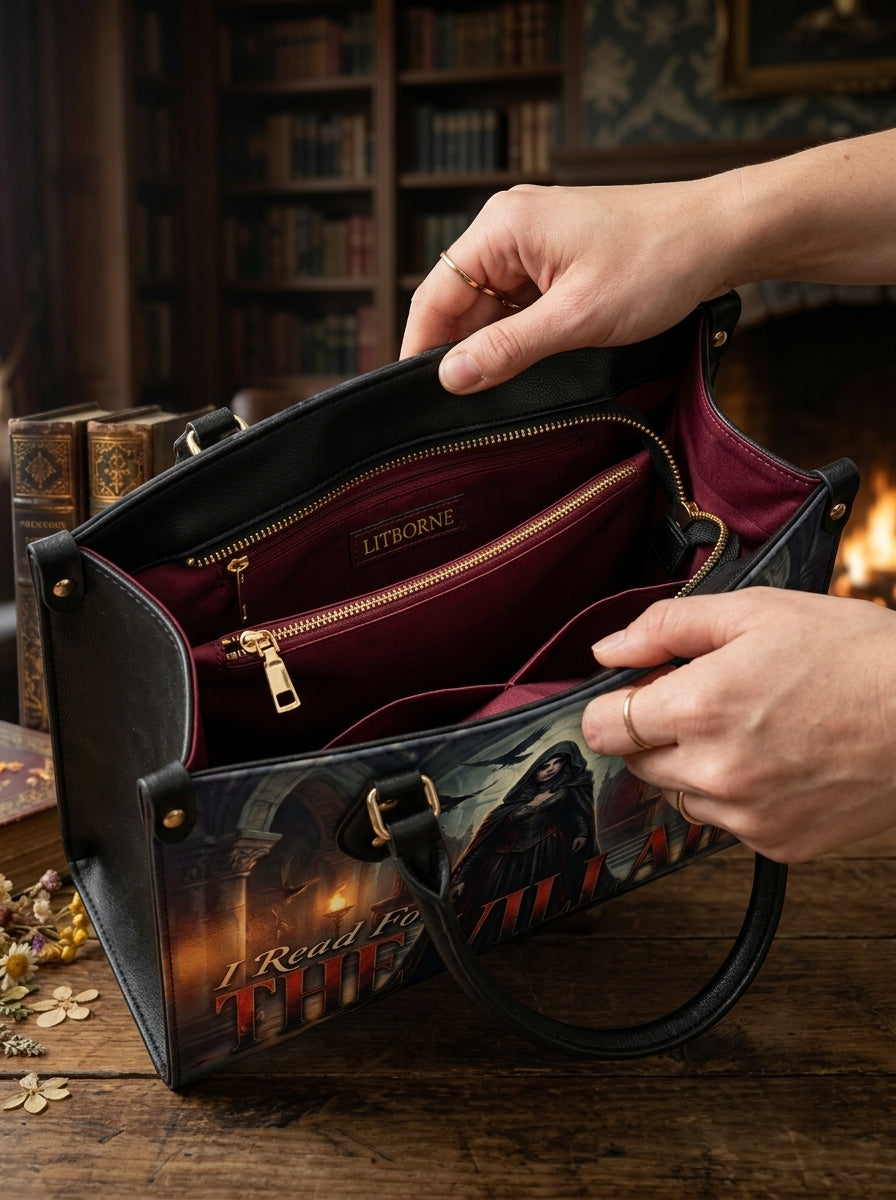 I Read For The Villain Leather Handbag - interior view