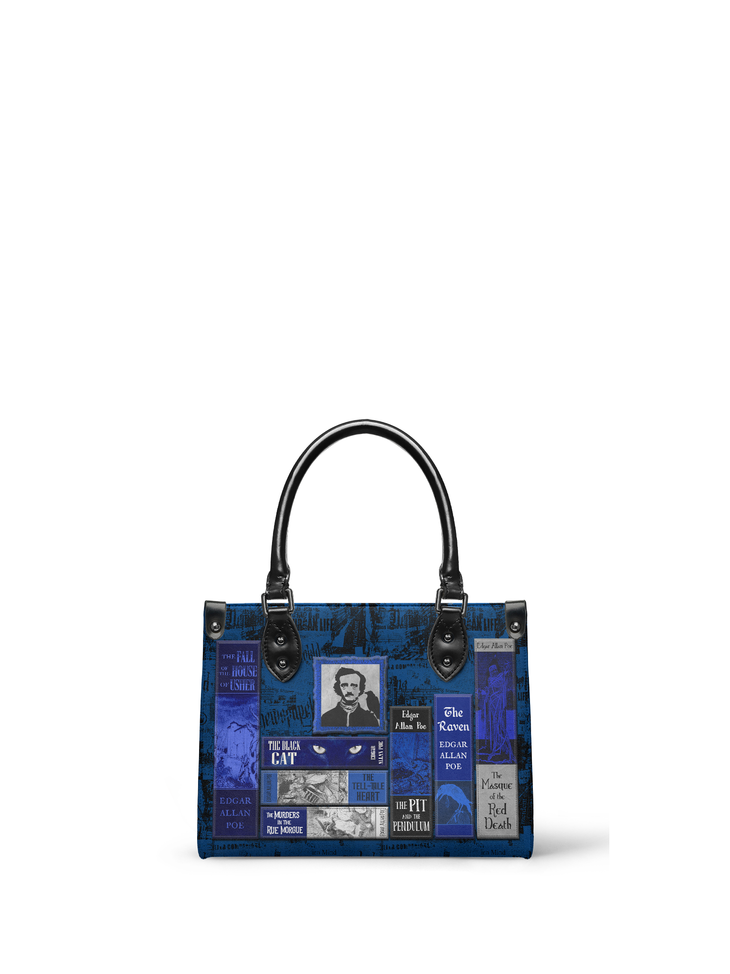 "Poe's Library" Midnight Ink - Black Interior - Small Leather Handbag