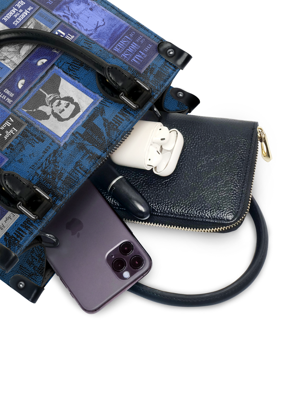 "Poe's Library" Midnight Ink - Black Interior - Small Leather Handbag