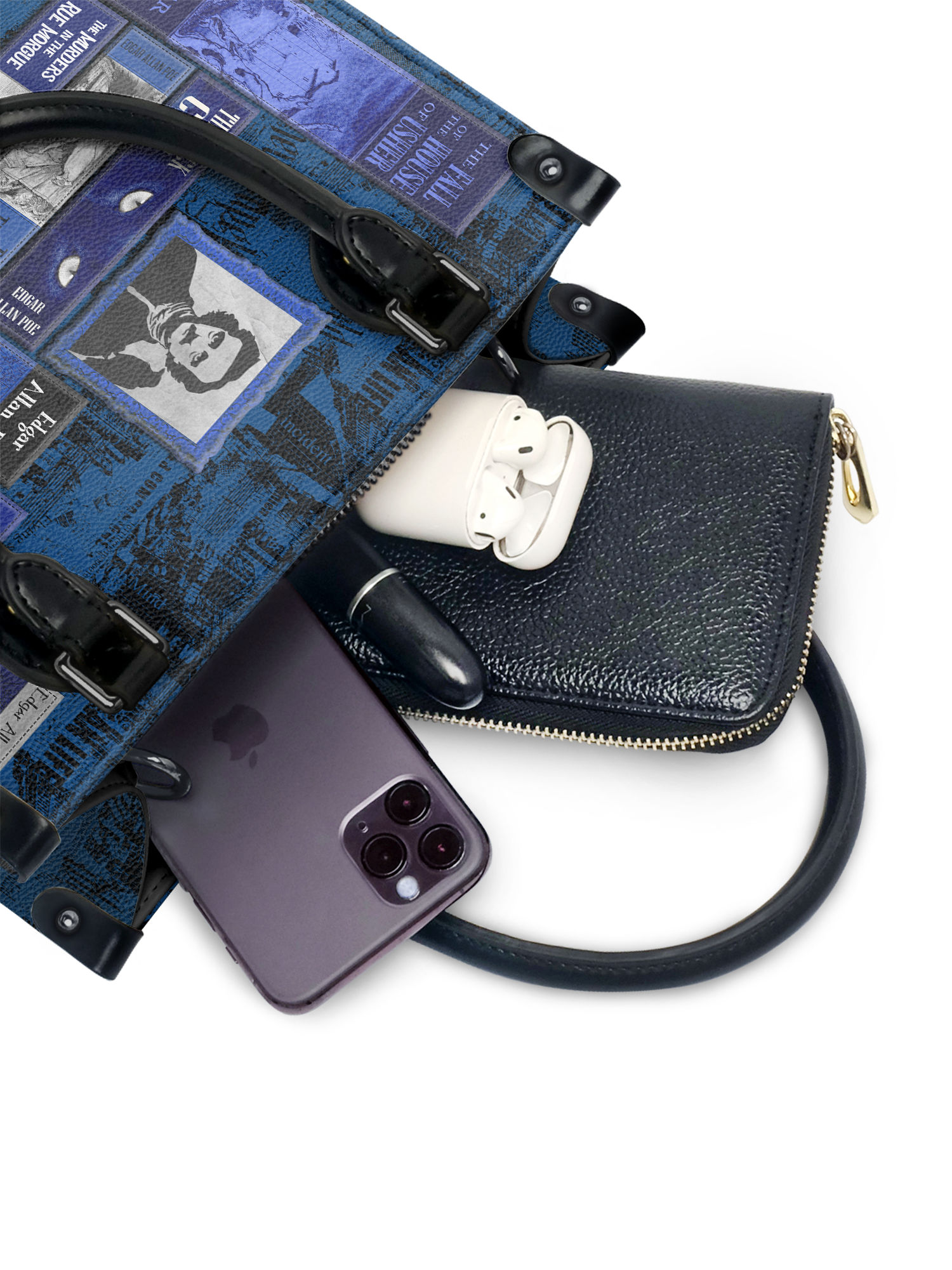 "Poe's Library" Midnight Ink - Black Interior - Small Leather Handbag