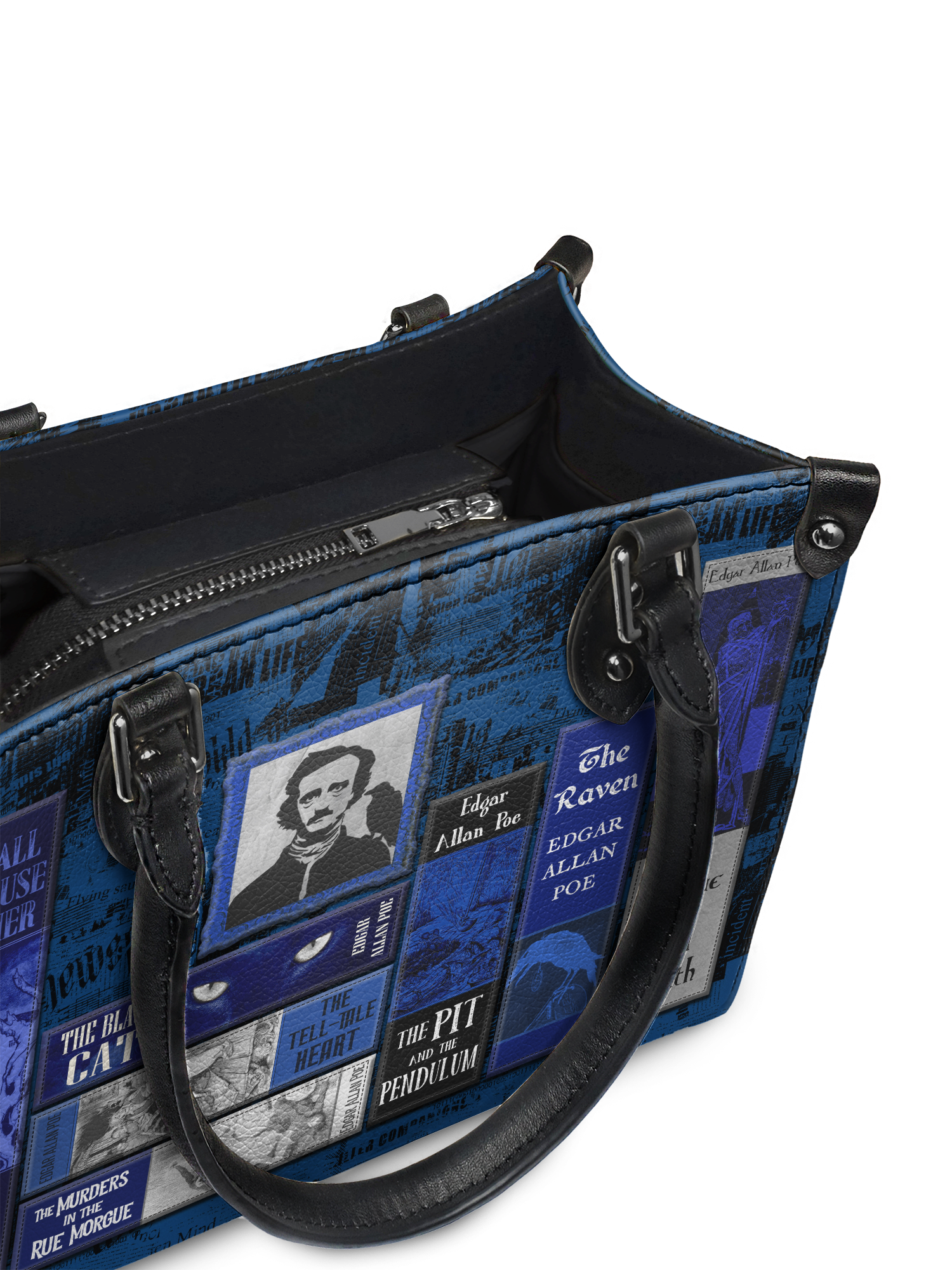 "Poe's Library" Midnight Ink - Black Interior - Small Leather Handbag