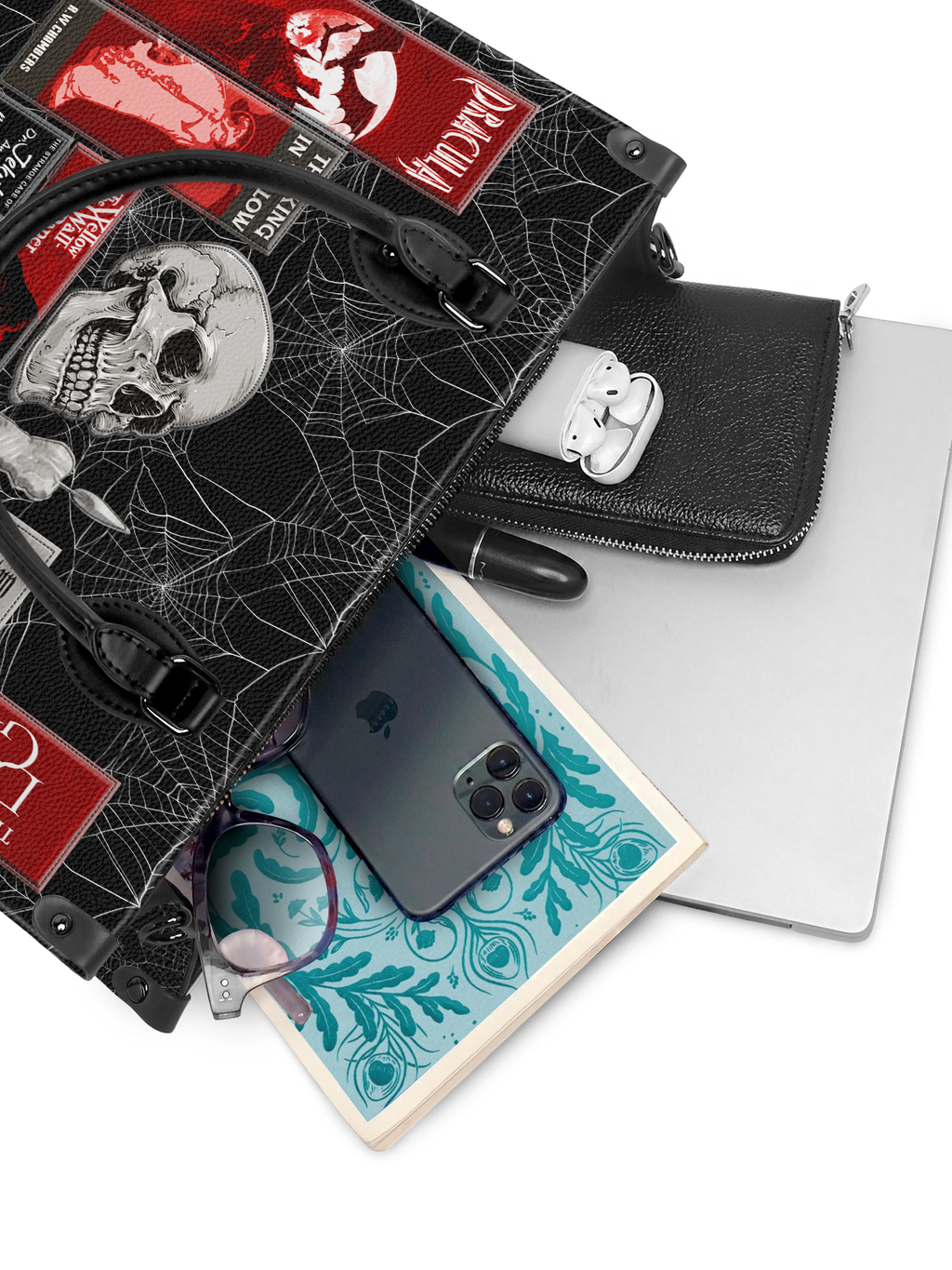 "The Codex of Gothic Tales" Black Widow’s Kiss - Black Interior - Leather Handbag