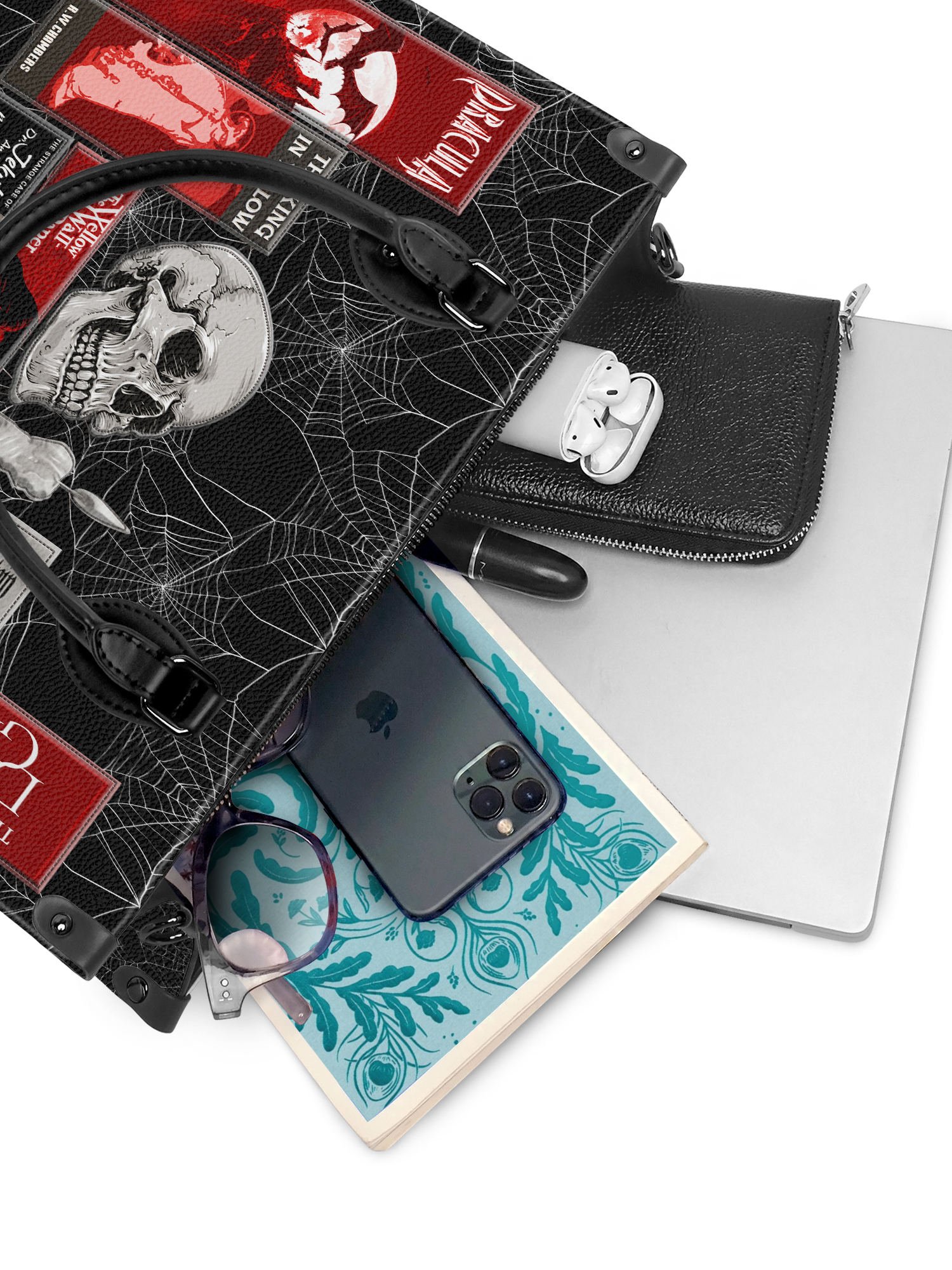 "The Codex of Gothic Tales" Black Widow’s Kiss - Black Interior - Leather Handbag