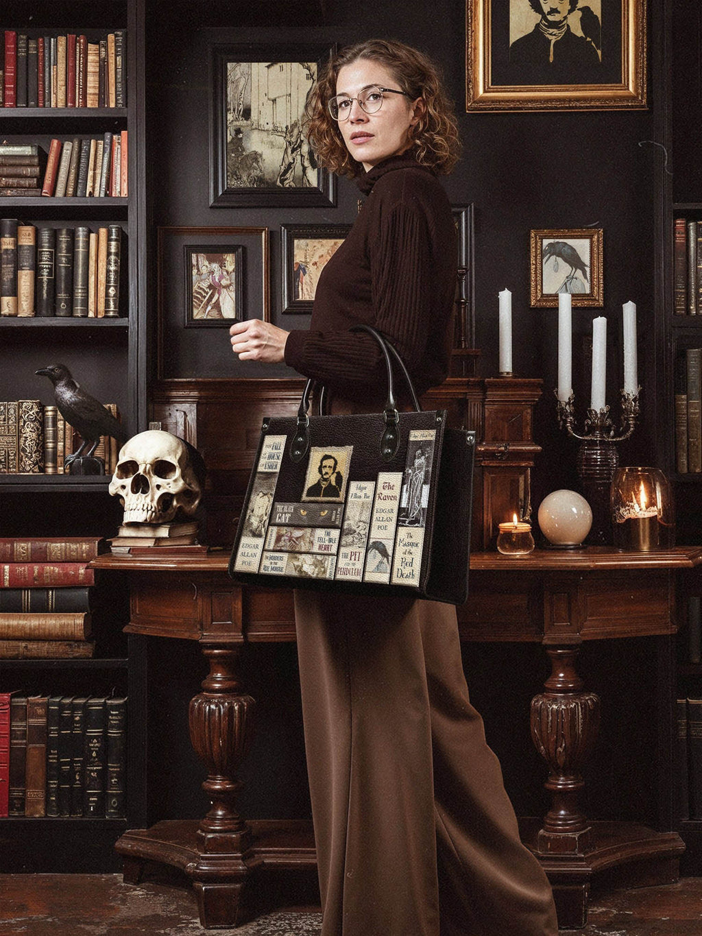 "Poe's Library" Ashen Black - Black Interior - Leather Handbag