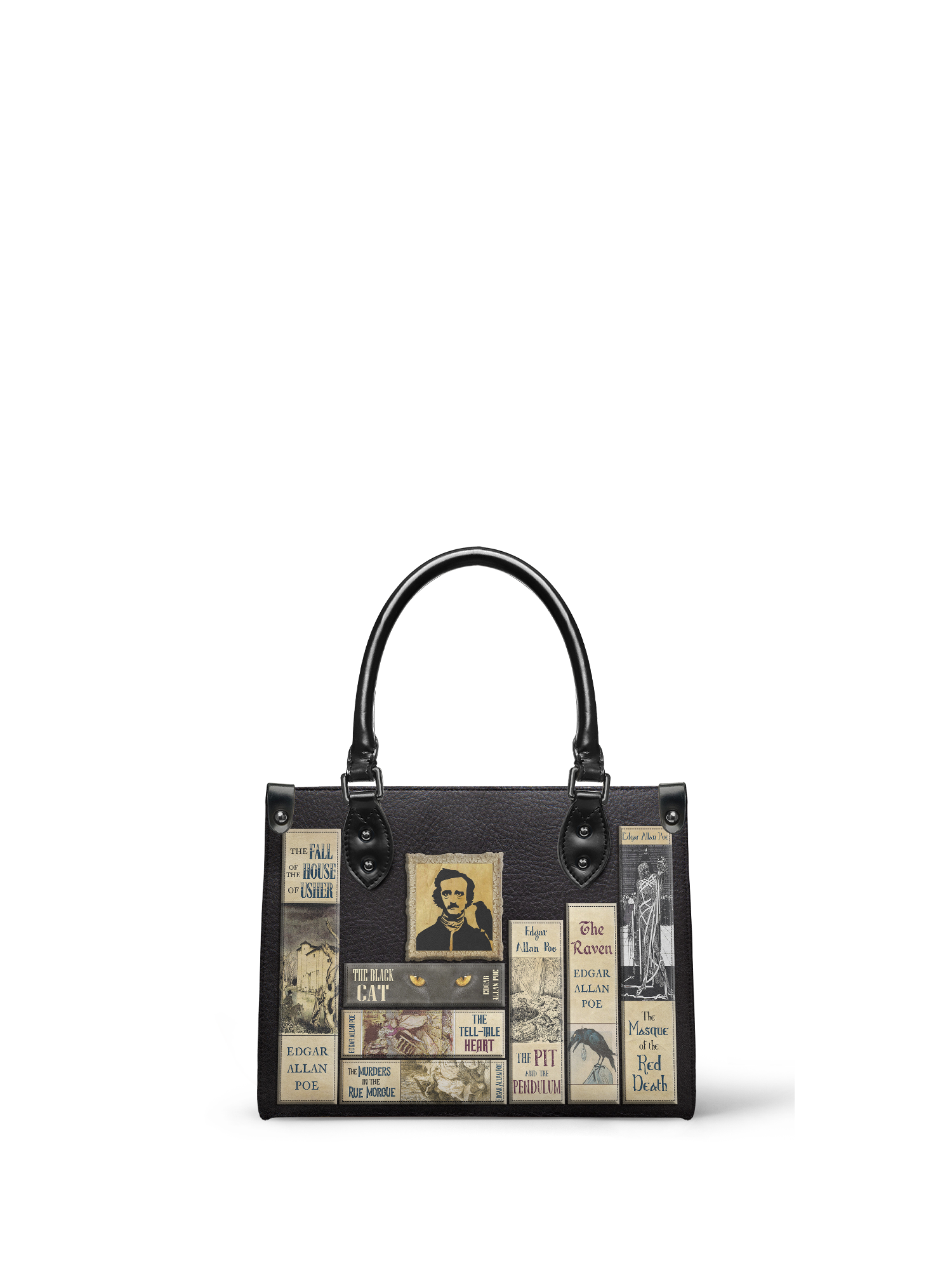 "Poe's Library" Ashen Black - Black Interior - Small Leather Handbag