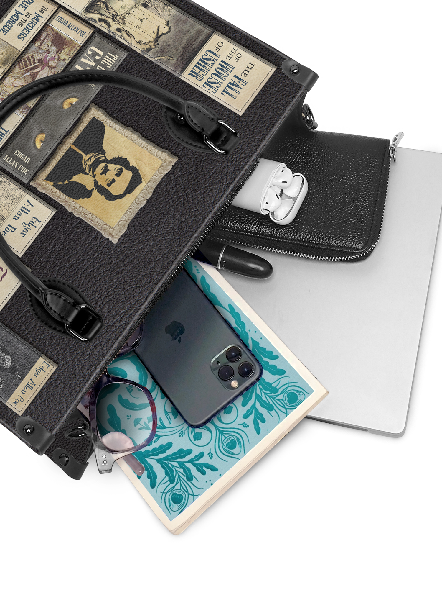 "Poe's Library" Ashen Black - Black Interior - Leather Handbag