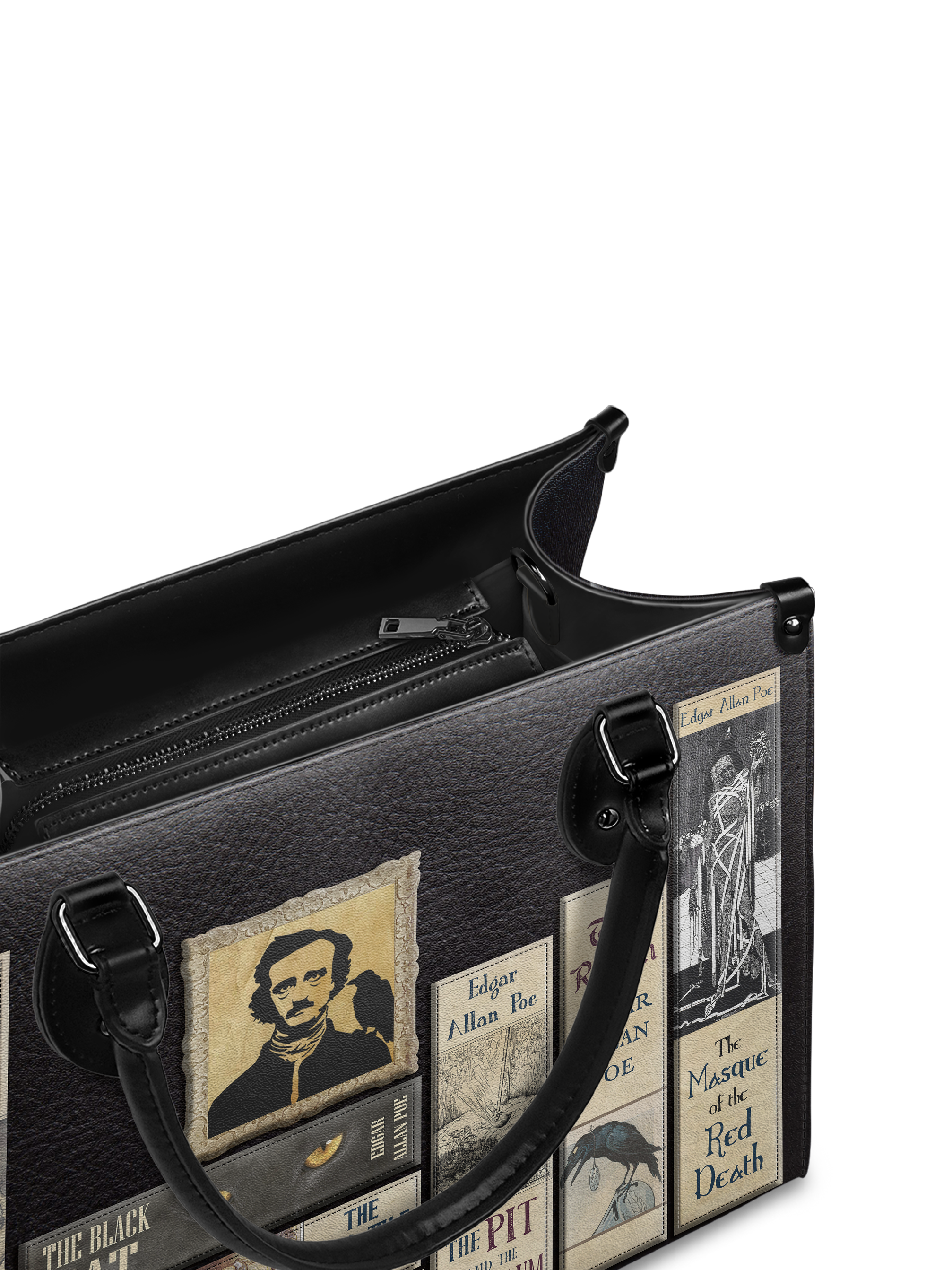 "Poe's Library" Ashen Black - Black Interior - Leather Handbag