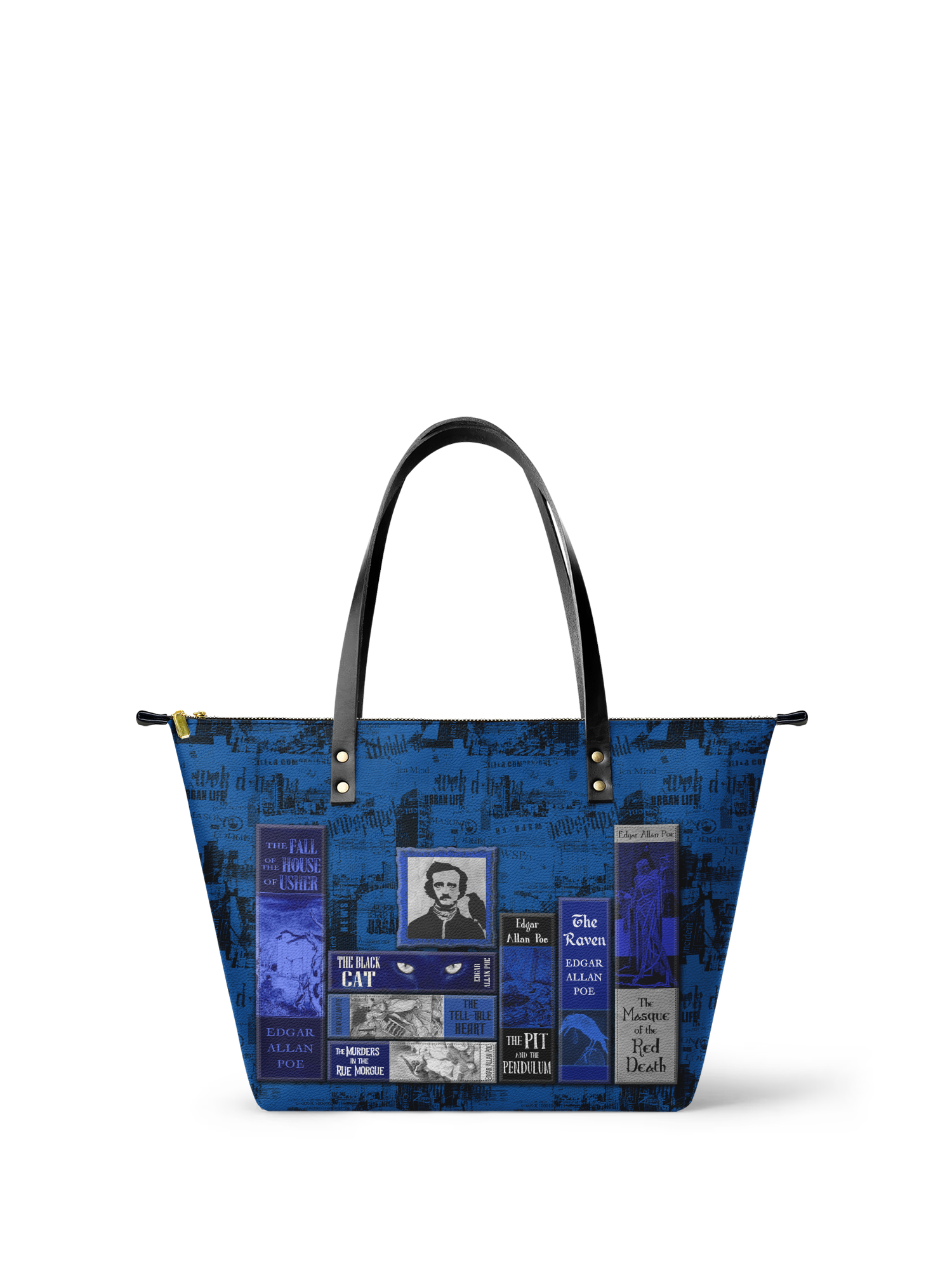"Poe's Library" Midnight Ink Leather Tote Bag