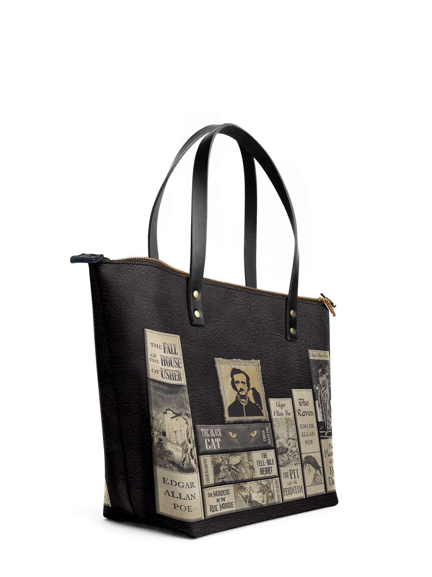 "Poe's Library" Ashen Black Leather Tote Bag