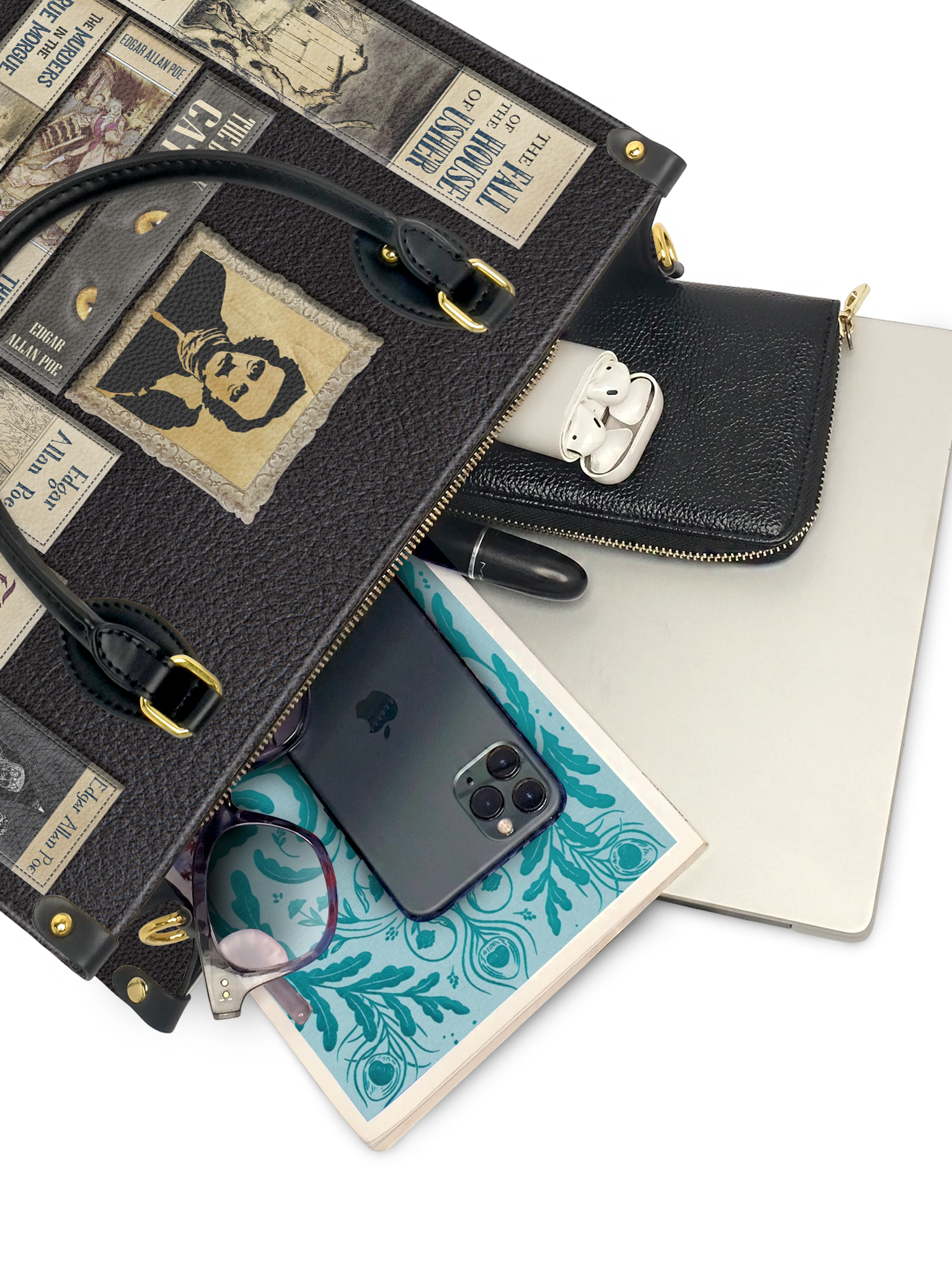 "Poe's Library" Ashen Black Leather Handbag