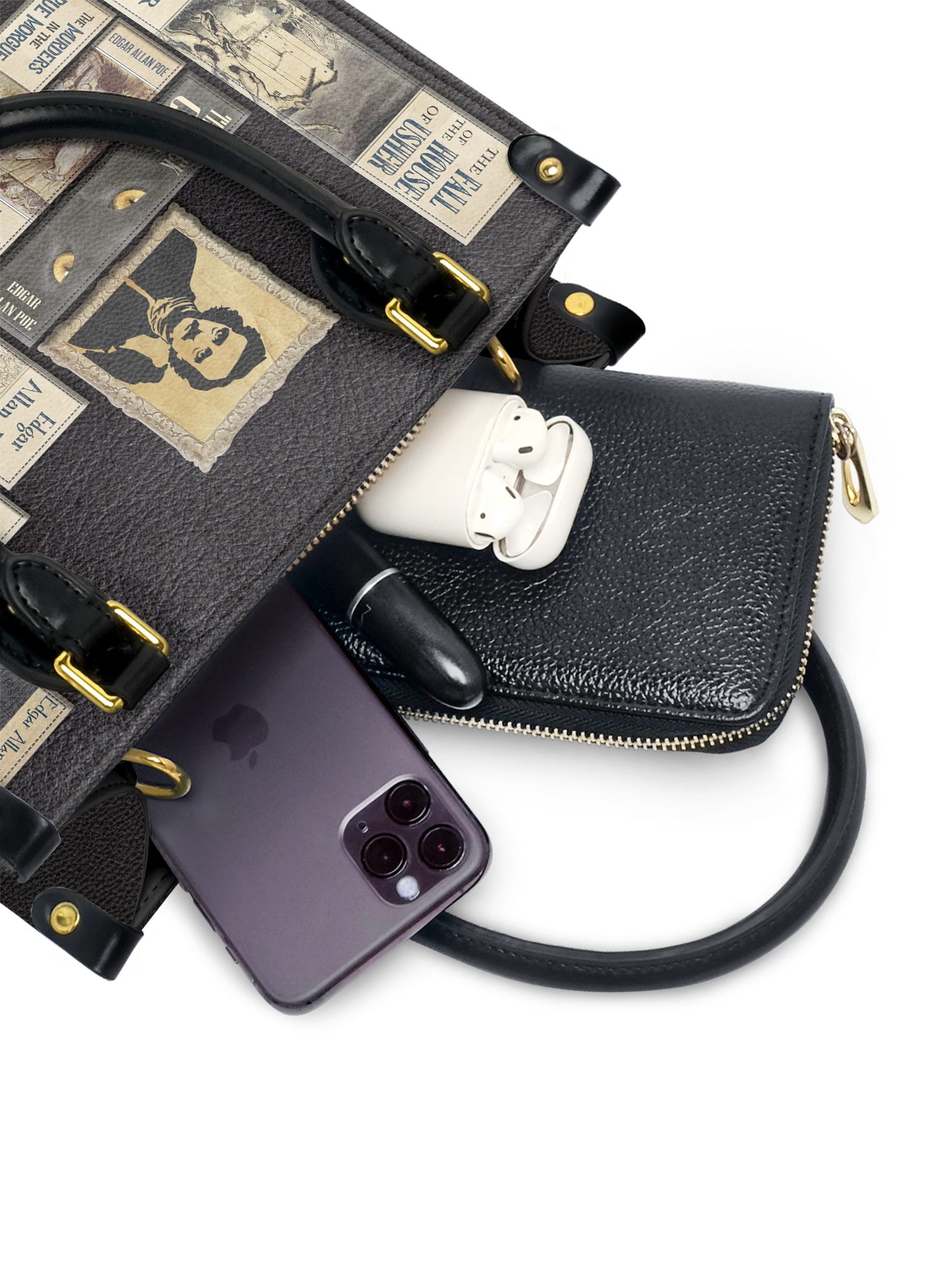 "Poe's Library" Ashen Black Small Leather Handbag