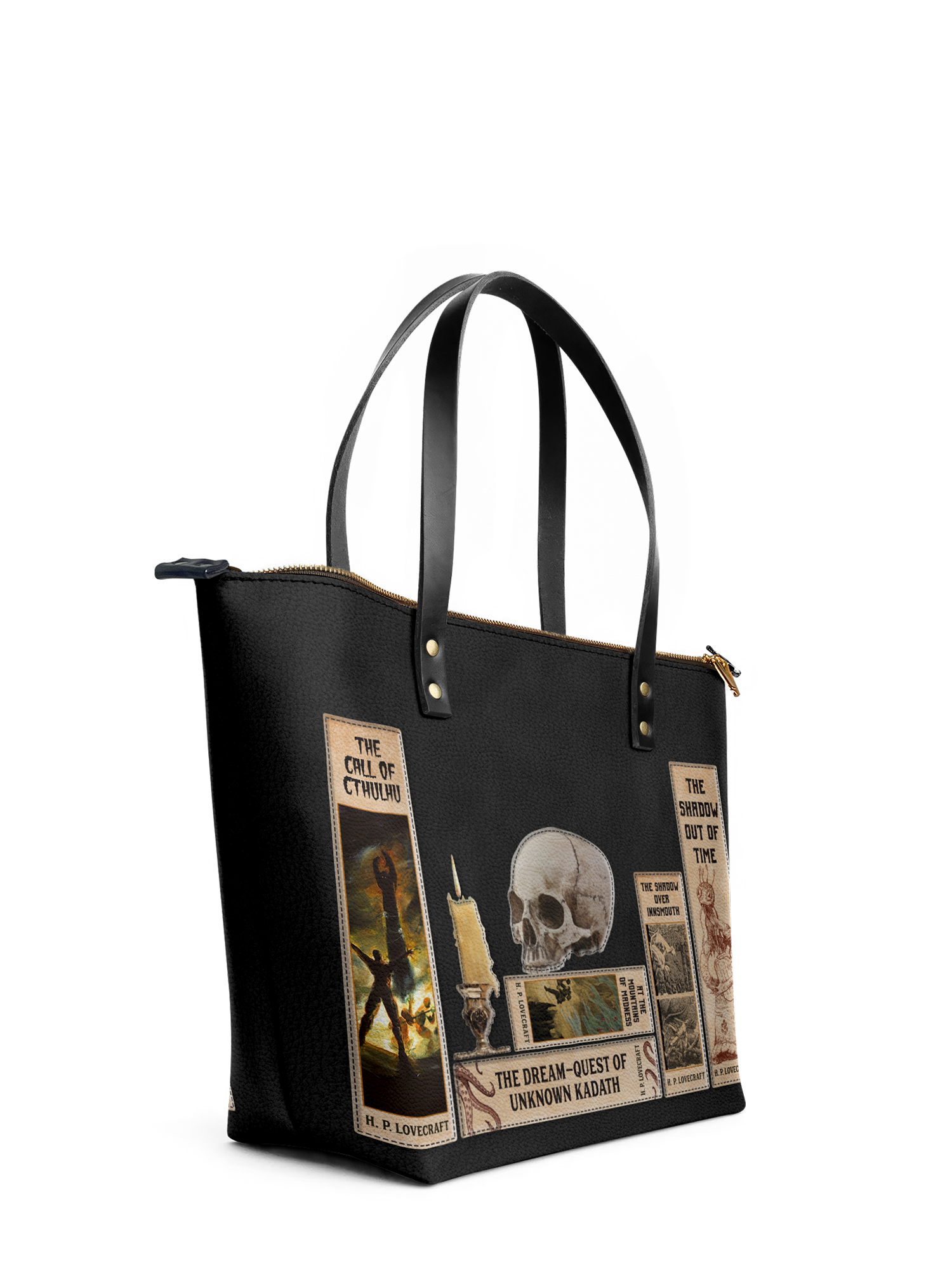 "Lovecraftian" Black Leather Tote Bag