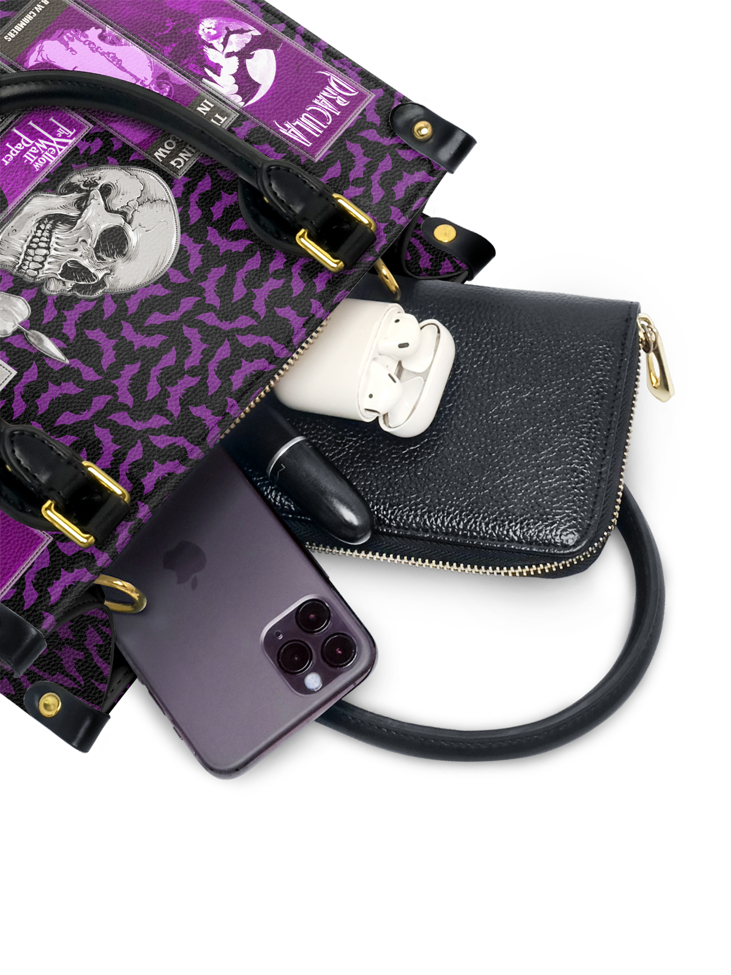 "The Codex of Gothic Tales" Violet Echo Small Leather Handbag