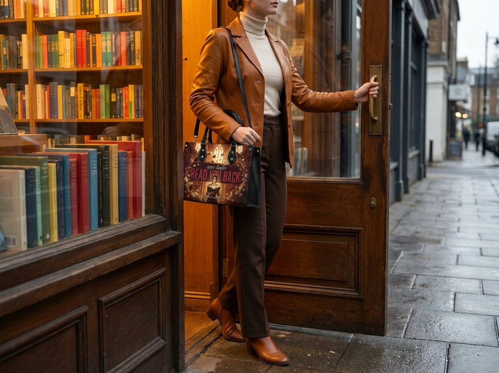 "Read Your Back" Hush Library Leather Handbag - inuse-1