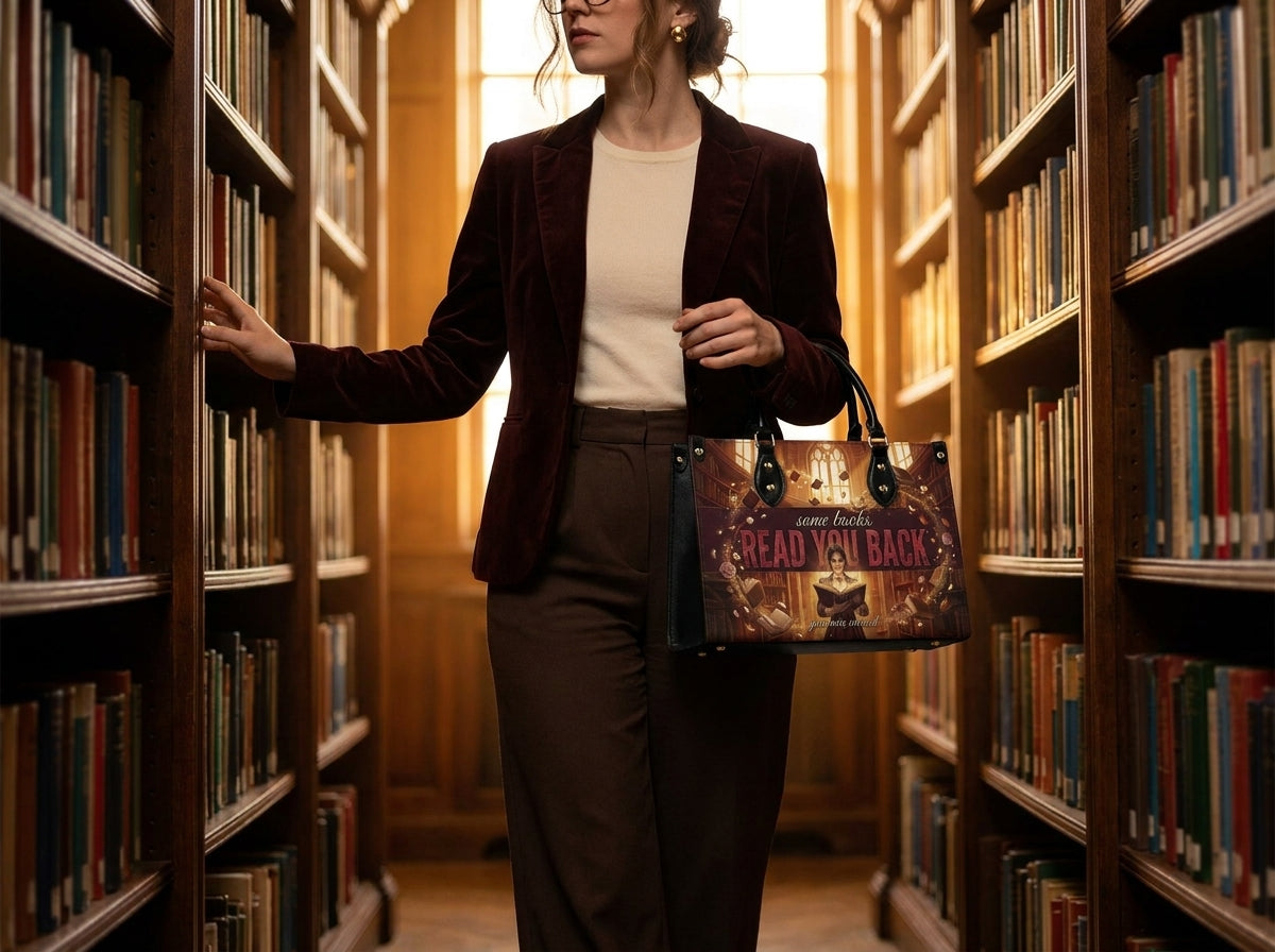 "Read Your Back" Hush Library Leather Handbag - inuse-4