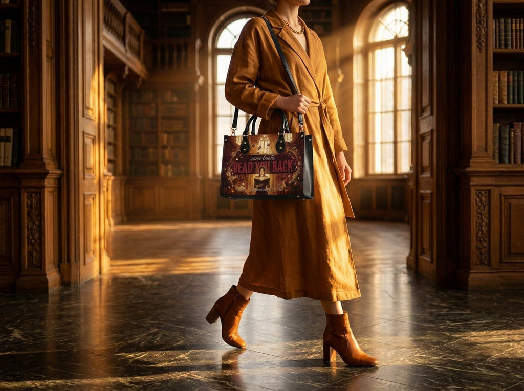 "Read Your Back" Hush Library Leather Handbag - inuse-5