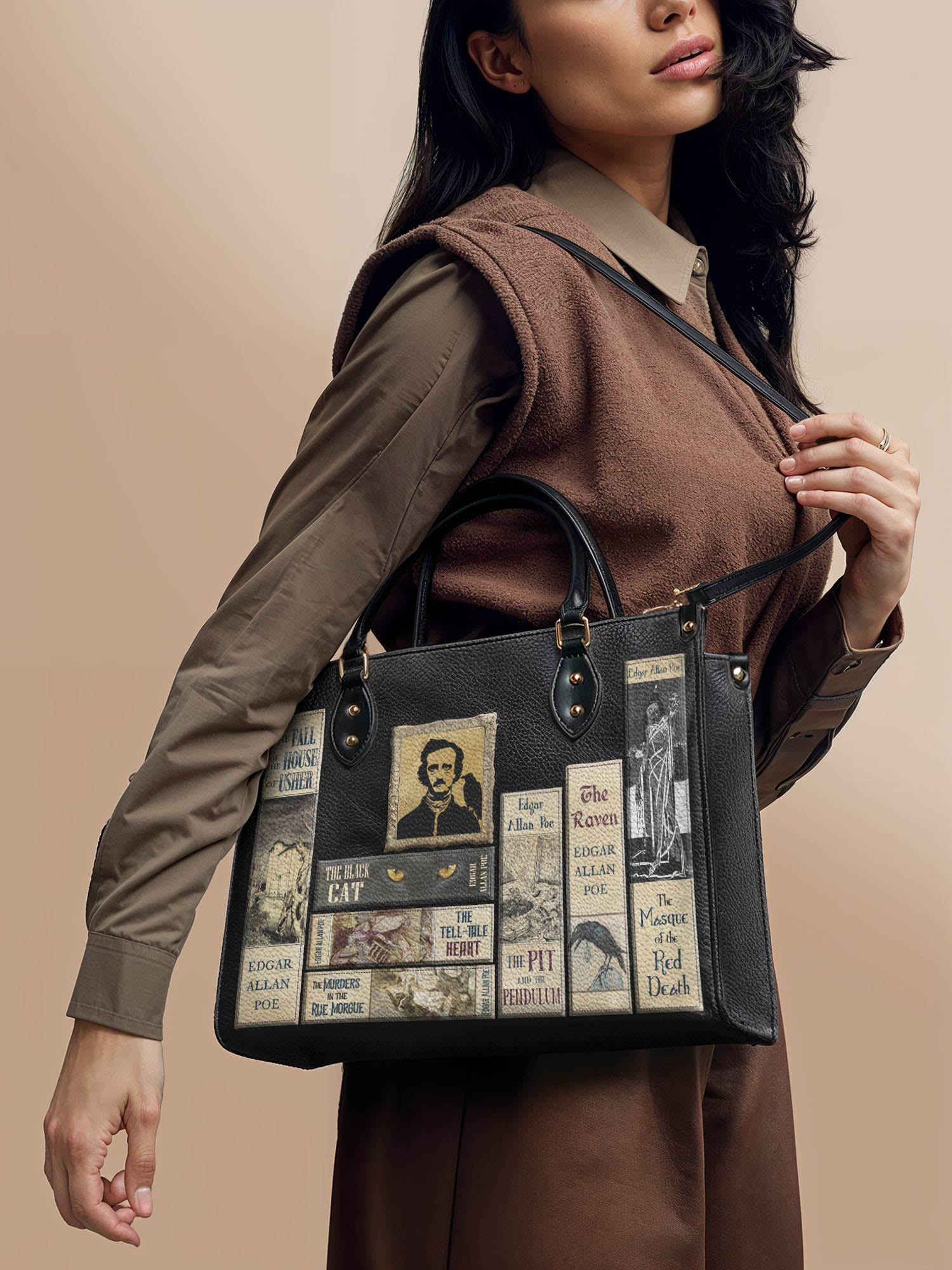"Poe's Library" Ashen Black Leather Handbag
