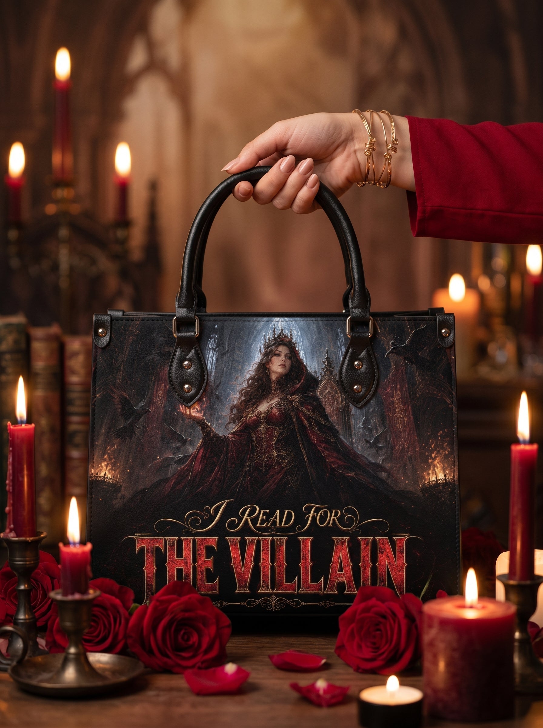 “I Read for the Villain” Cathedral Coronation Leather Handbag