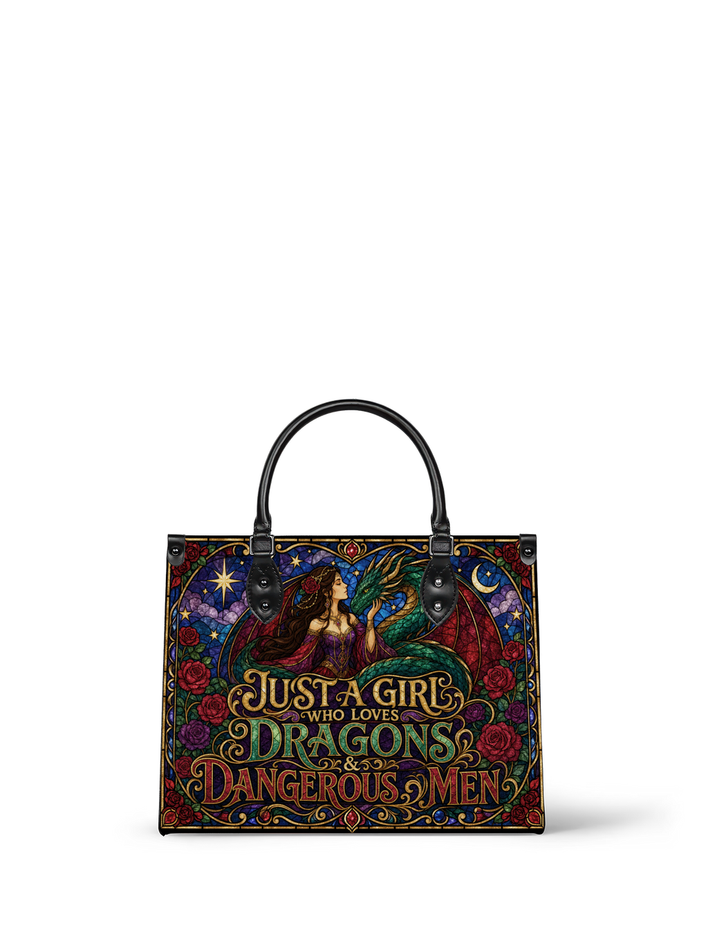 “Just a Girl Who Loves Dragons & Dangerous Men” Stained-Glass Leather Handbag