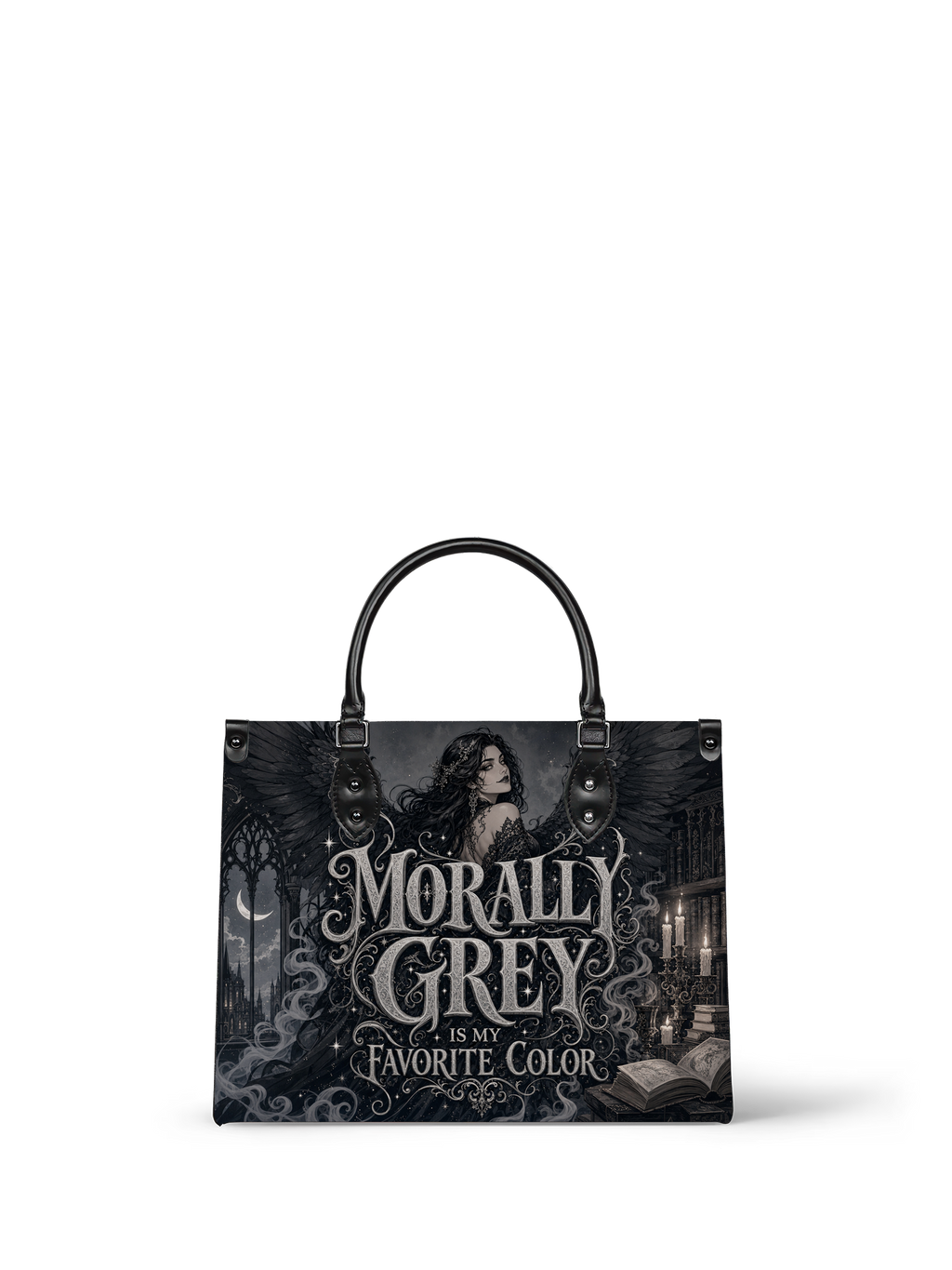 “Morally Grey Is My Favorite Color” Raven-Wing Leather Handbag