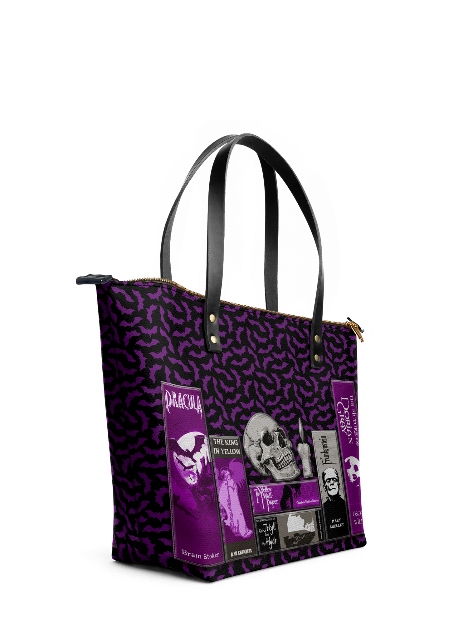 "The Codex of Gothic Tales" Violet Echo Leather Tote Bag